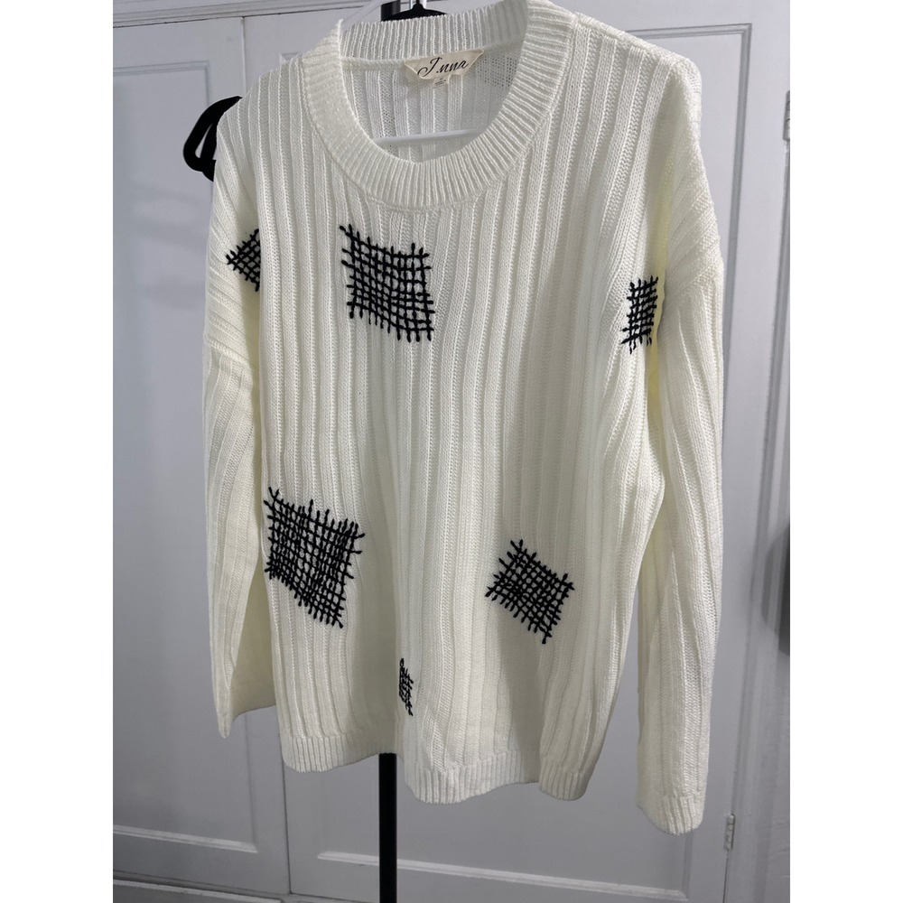 Inna‎ Cream Knit Sweater Patchwork Detail Long Sleeve Women's Size M